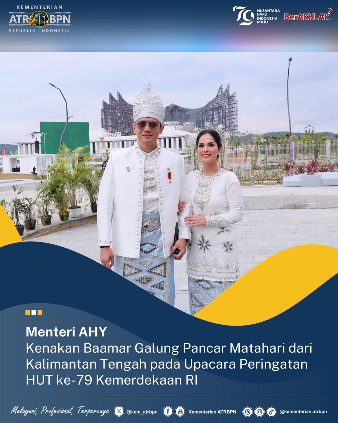 Menteri AHY Kenakan Baamar Galung Pancar Matahari dari Kalimantan Tengah pada Upacara Peringatan HUT ke-79 Kemerdekaan RI