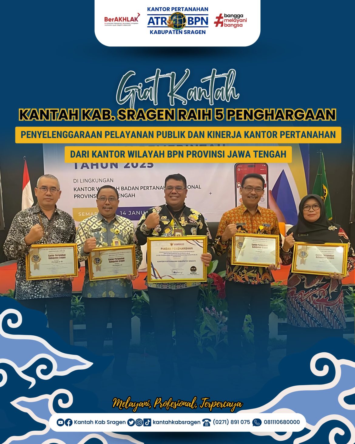 Kantor Pertanahan Kabupaten Sragen Raih 5 Piagam Penghargaan Apresiasi Kinerja di Provinsi Jawa Tengah