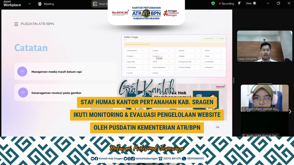 STAF HUMAS KANTOR PERTANAHAN KAB. SRAGEN IKUTI MONITORING & EVALUASI PENGELOLAAN WEBSITE OLEH PUSDATIN KEMENTERIAN ATR/BPN